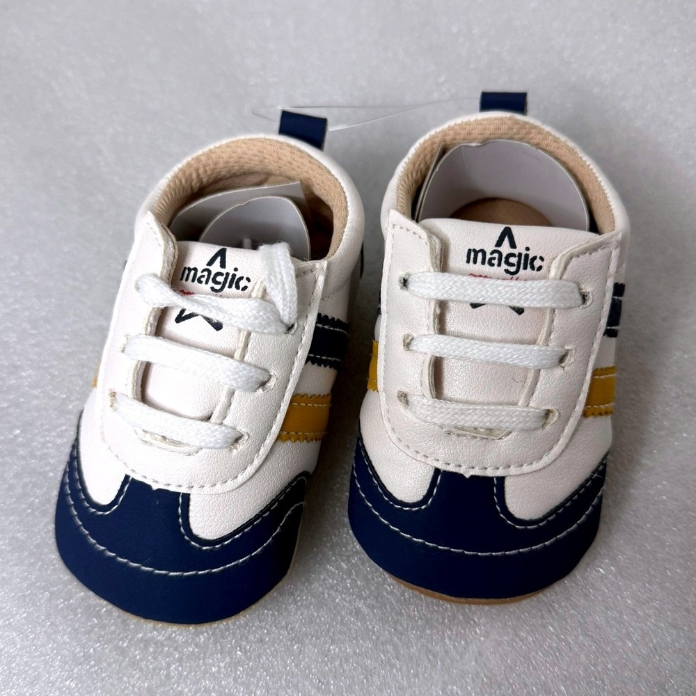 Magic Prewalker Baby Sneakers White Navy Yellow Soft Sole Size 2
